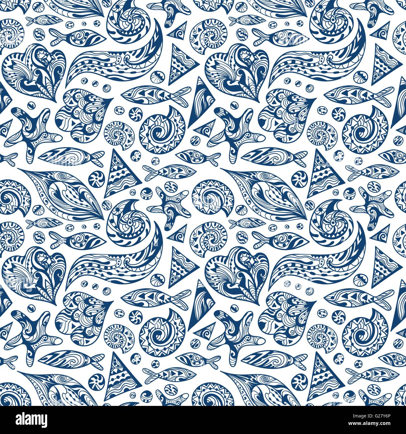 Nahtlose Skizzieranordnung mit Doodle Stil Ozean abstrakte Gestaltungselemente in blauer Farbe auf weißem Hintergrund Stock Vektor