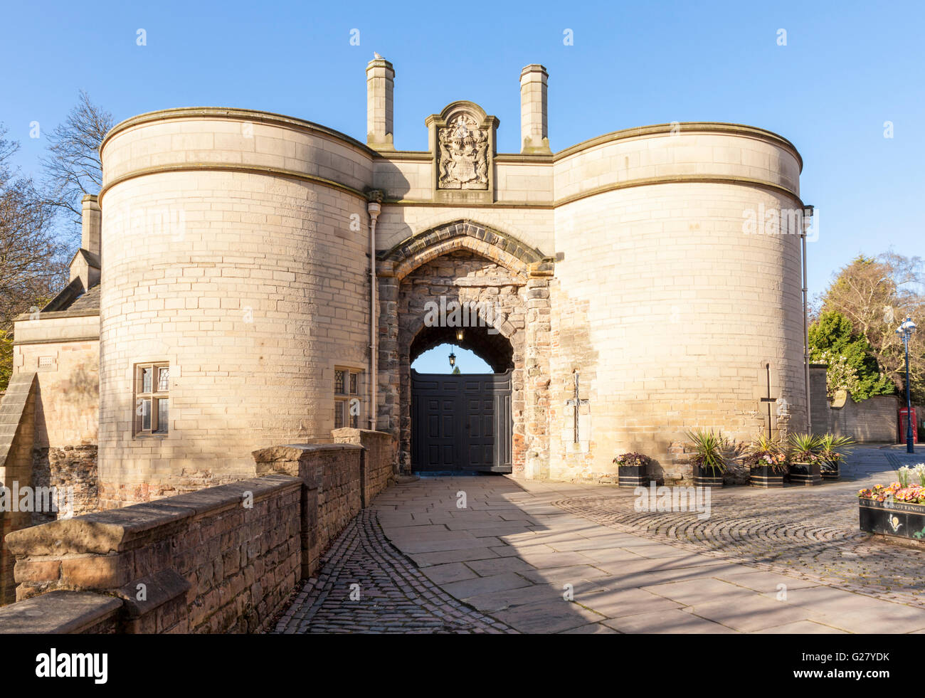 Englisch schloss. Die Pförtnerloge und Eingang zu Schloß von Nottingham, Nottingham, England, Großbritannien Stockfoto