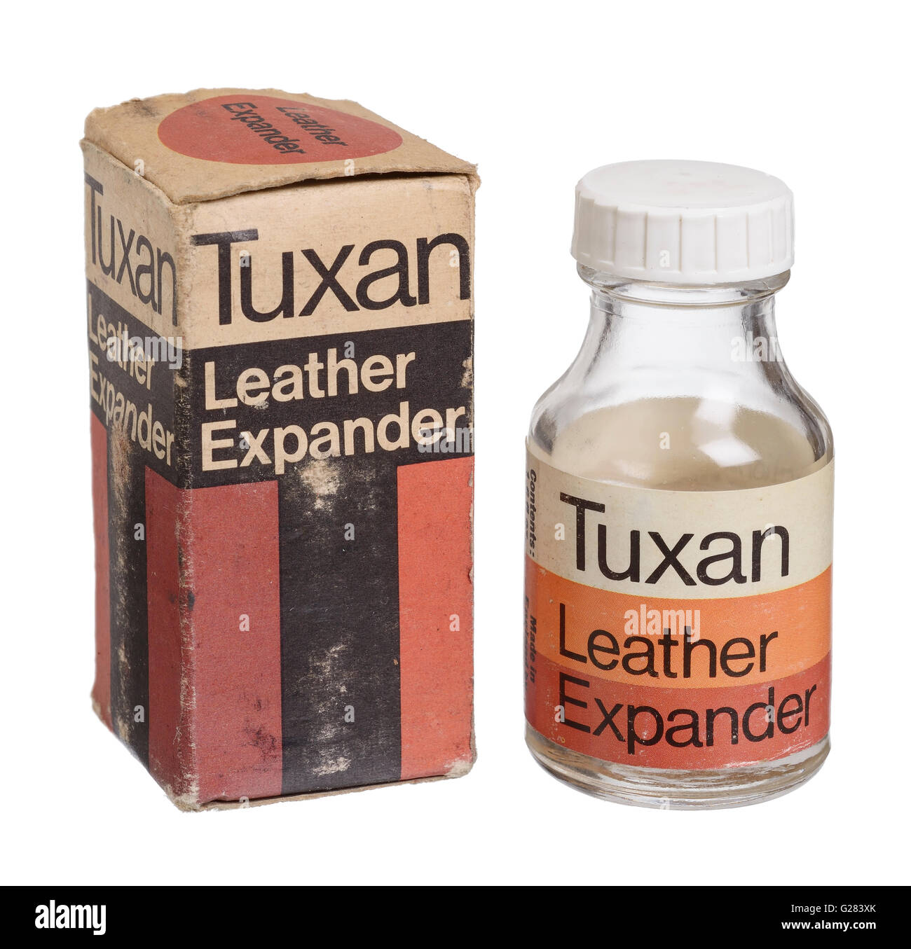 Alte Vintage Flasche und Kiste mit Tuxan Leder Expander Stockfoto