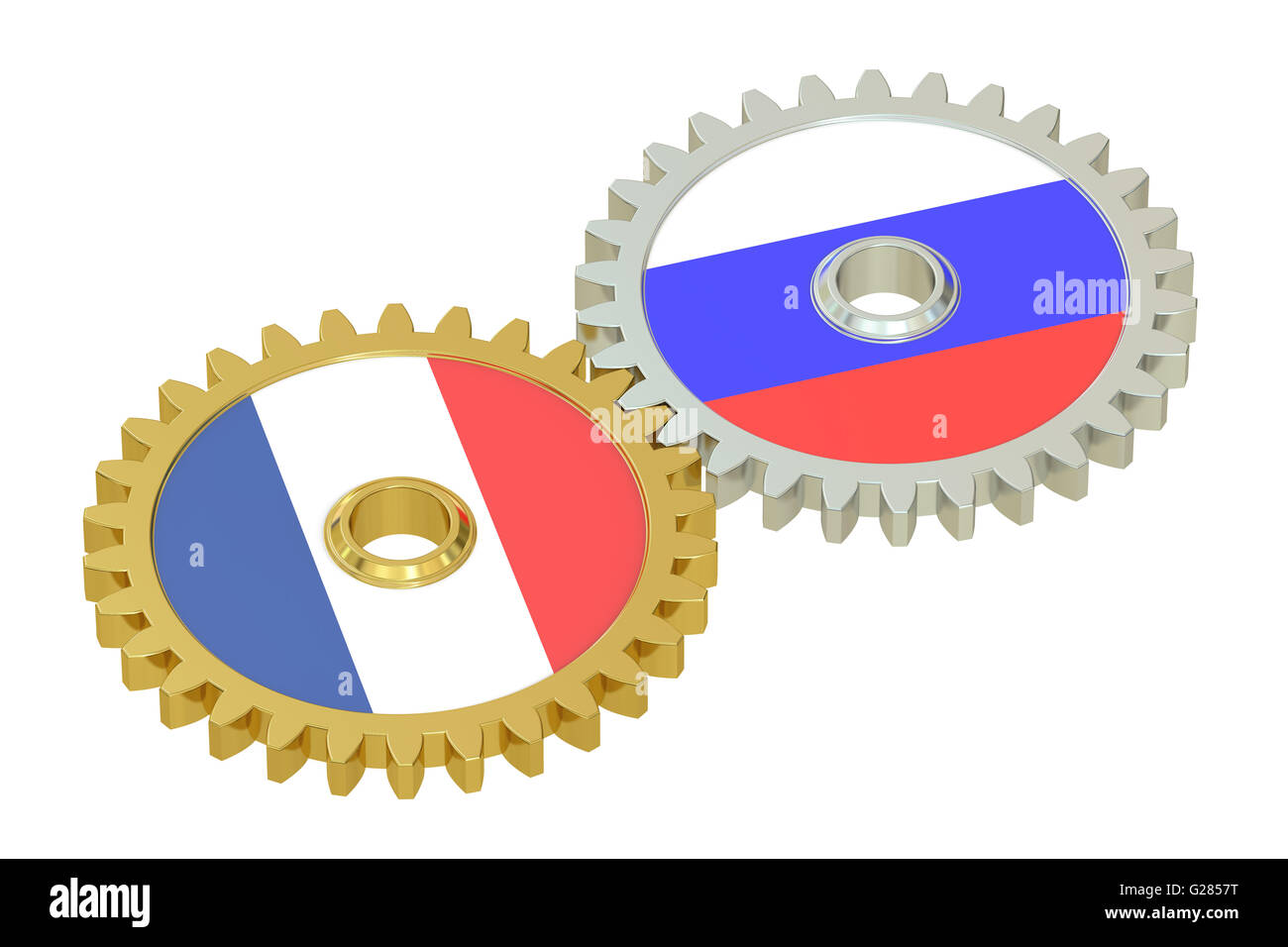 Russland und Frankreich Beziehungen Konzept, Flaggen auf ein Getriebe. 3D-Rendering isoliert auf weißem Hintergrund Stockfoto