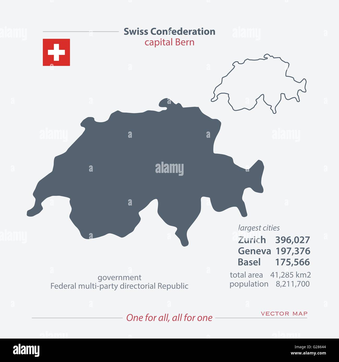 Schweizerischen Eidgenossenschaft isoliert Karten und offizielle Flaggen-Symbol. Vektor-Schweizer politische Kartensymbole mit allgemeinen Informationen. Schweiz Stock Vektor