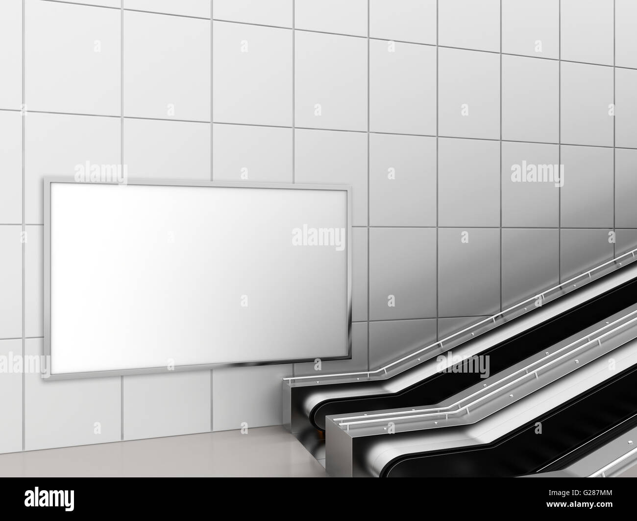 Mock-up Poster, die Medien Vorlage in U-Bahn Station Rolltreppe anzeigen. 3D-Rendering Stockfoto