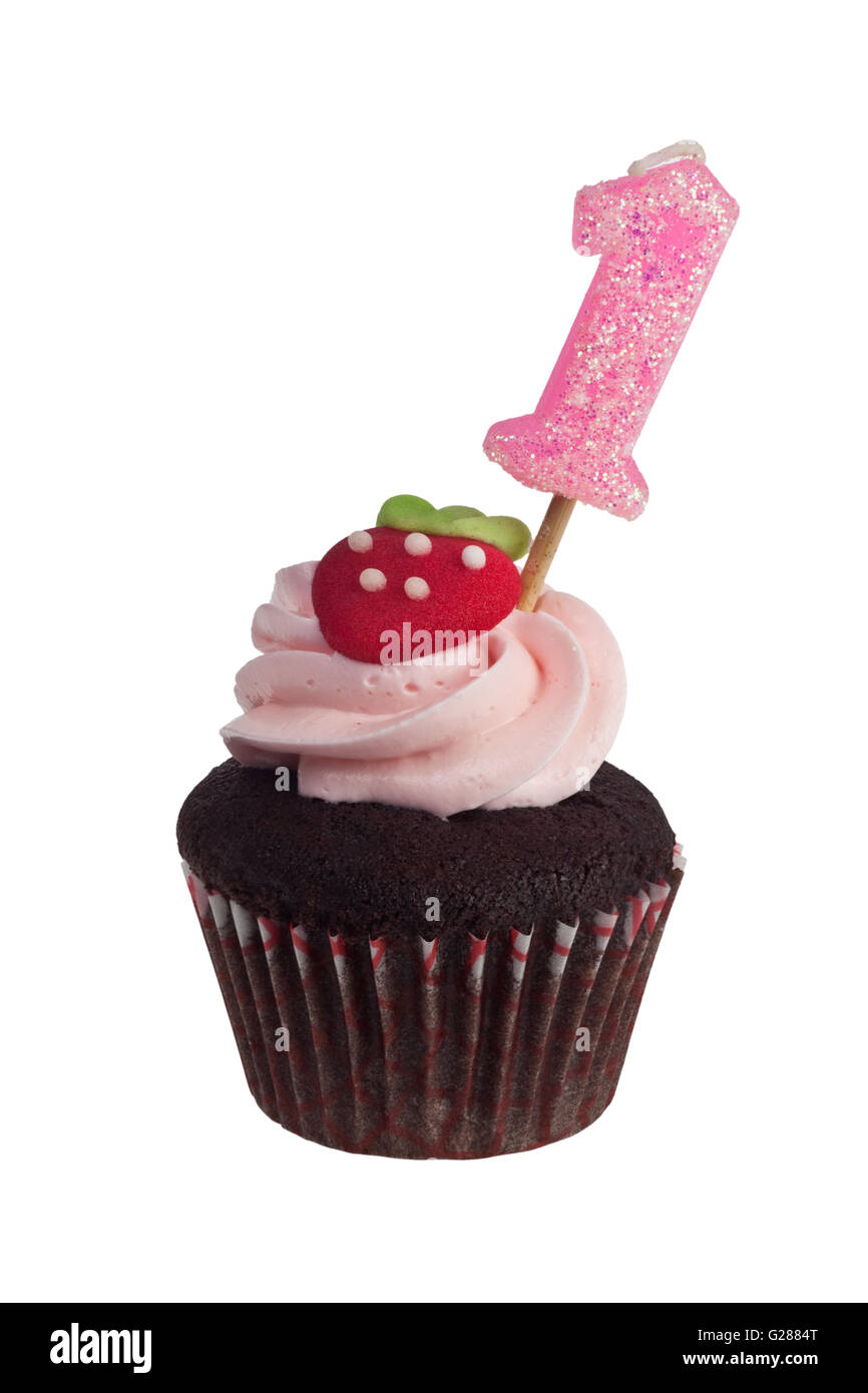 Mini Cupcake mit Geburtstag Kerze für ein Jahr alt isoliert auf weißem Hintergrund Stockfoto