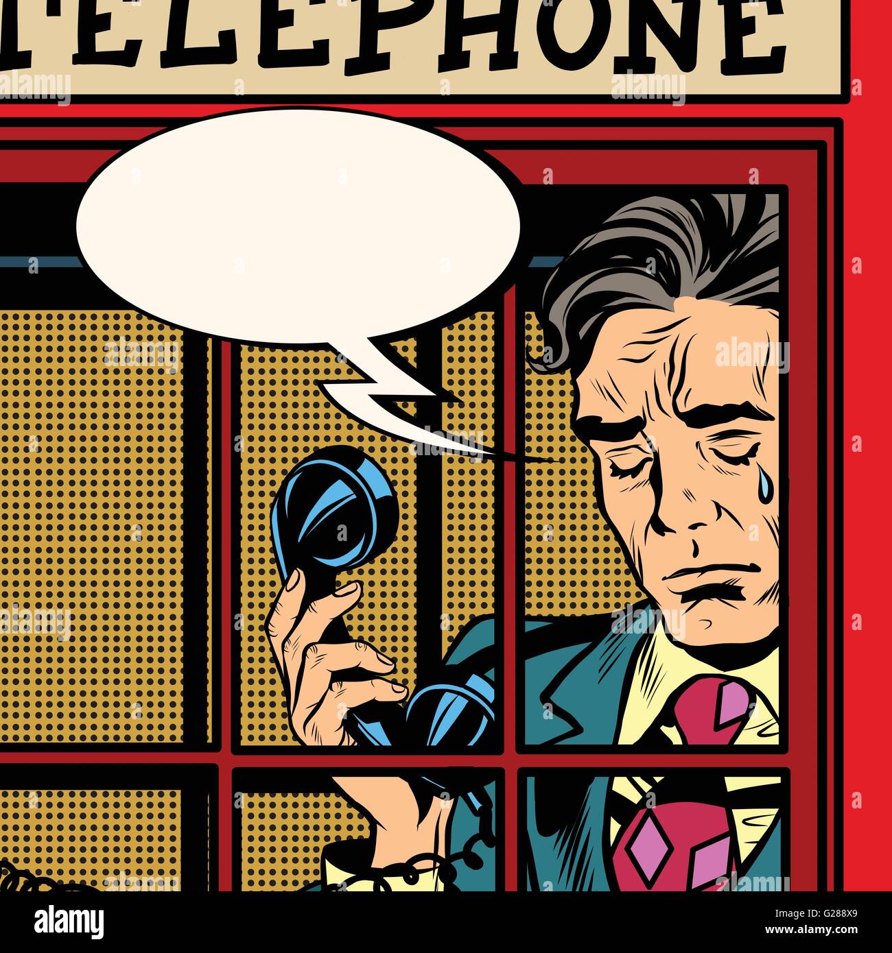 Retro-Mann weinend in die rote Telefonzelle Stock Vektor