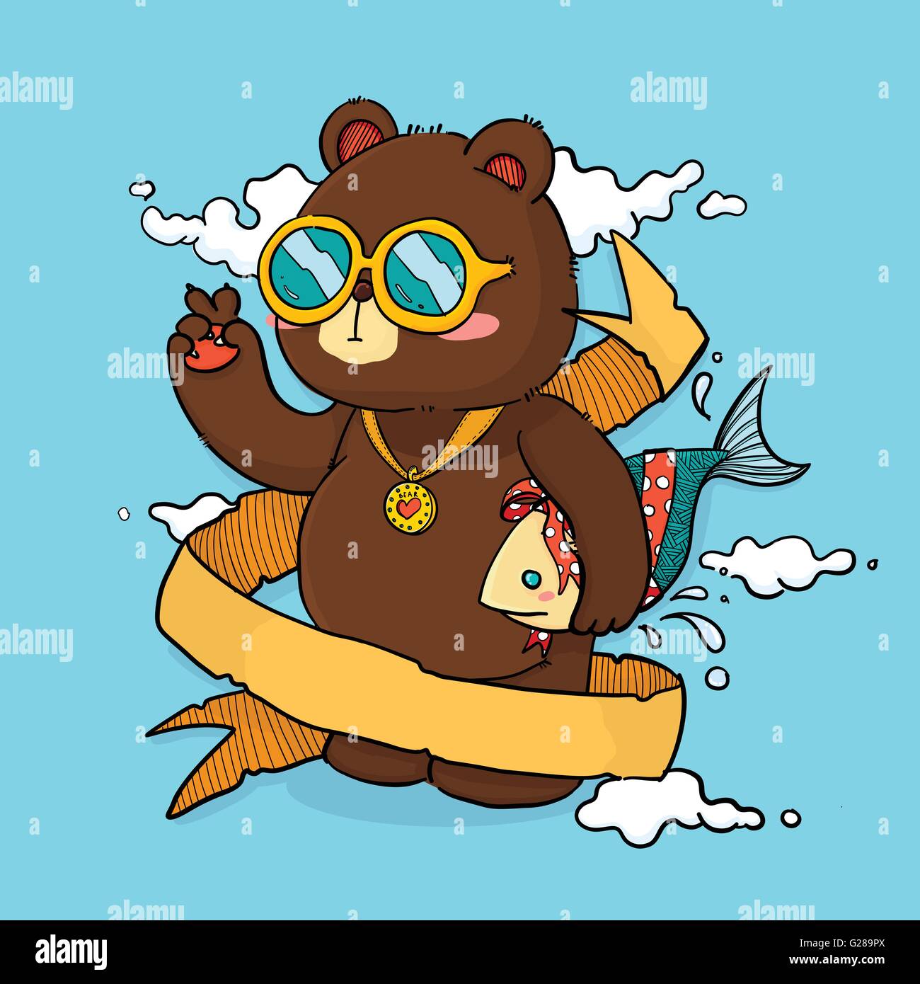 Vektor-Illustration der niedliche Bären, der Fisch als Geschenk-Cartoon-Figur mit Schleife für Platz Text hält. Für Grußkarte Stock Vektor