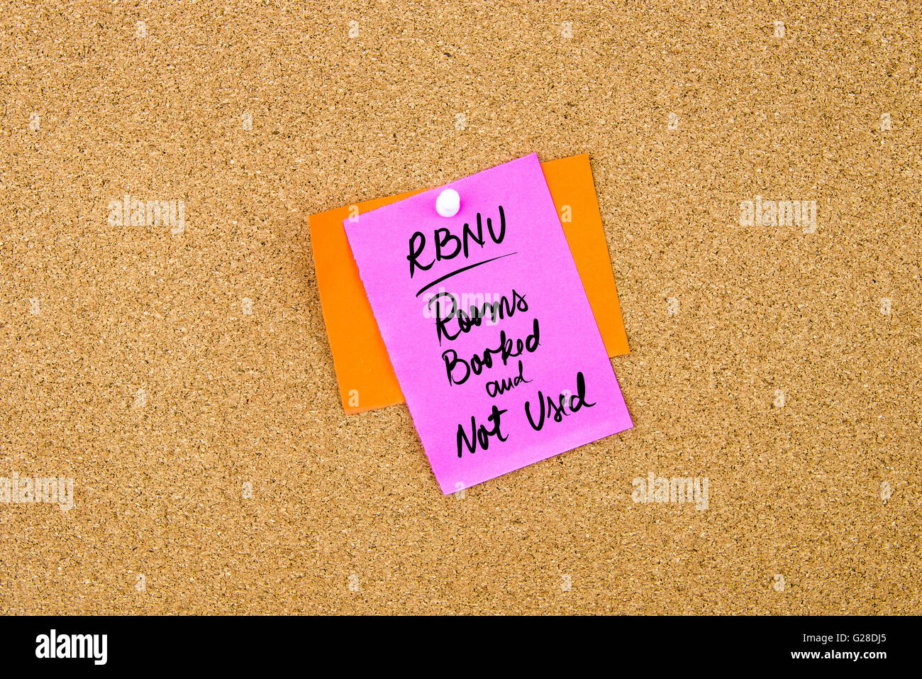 Geschäft Akronym RBNU kopieren wie Zimmer gebucht und nicht verwendet, geschrieben auf Papier-Schuldbrief auf Pinnwand mit weißen Reißzwecke angehefteten Speicherplatz Stockfoto