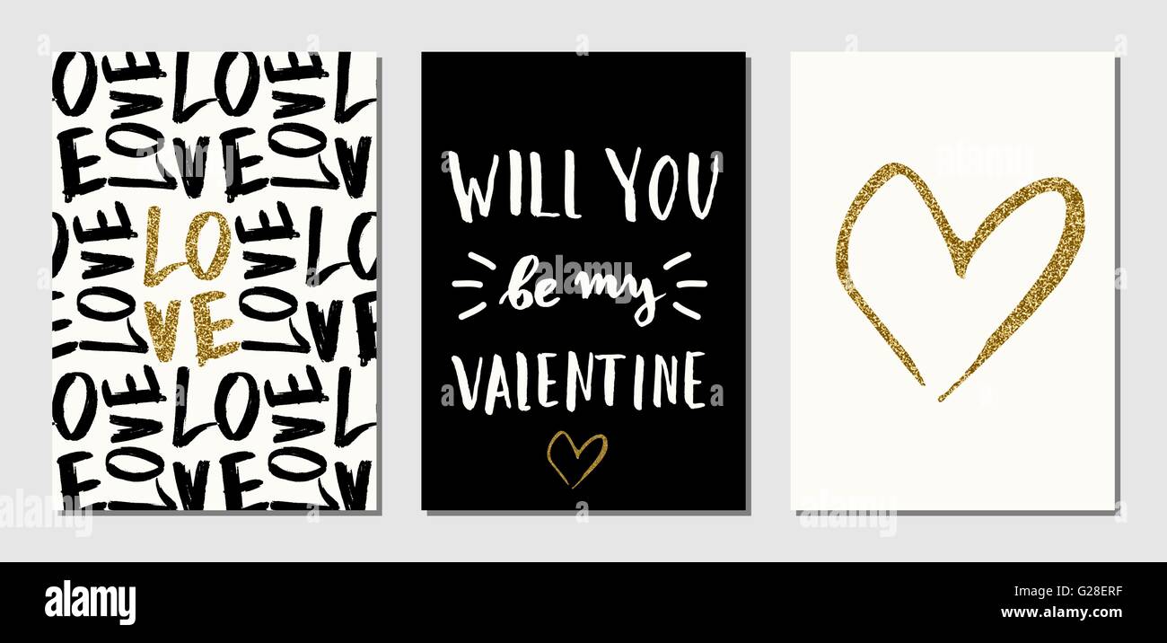 Ein Satz von drei Valentinstag Designs in schwarz, Creme und gold Glitter Textur. Einladung, Grußkarte, Plakat Design templa Stock Vektor