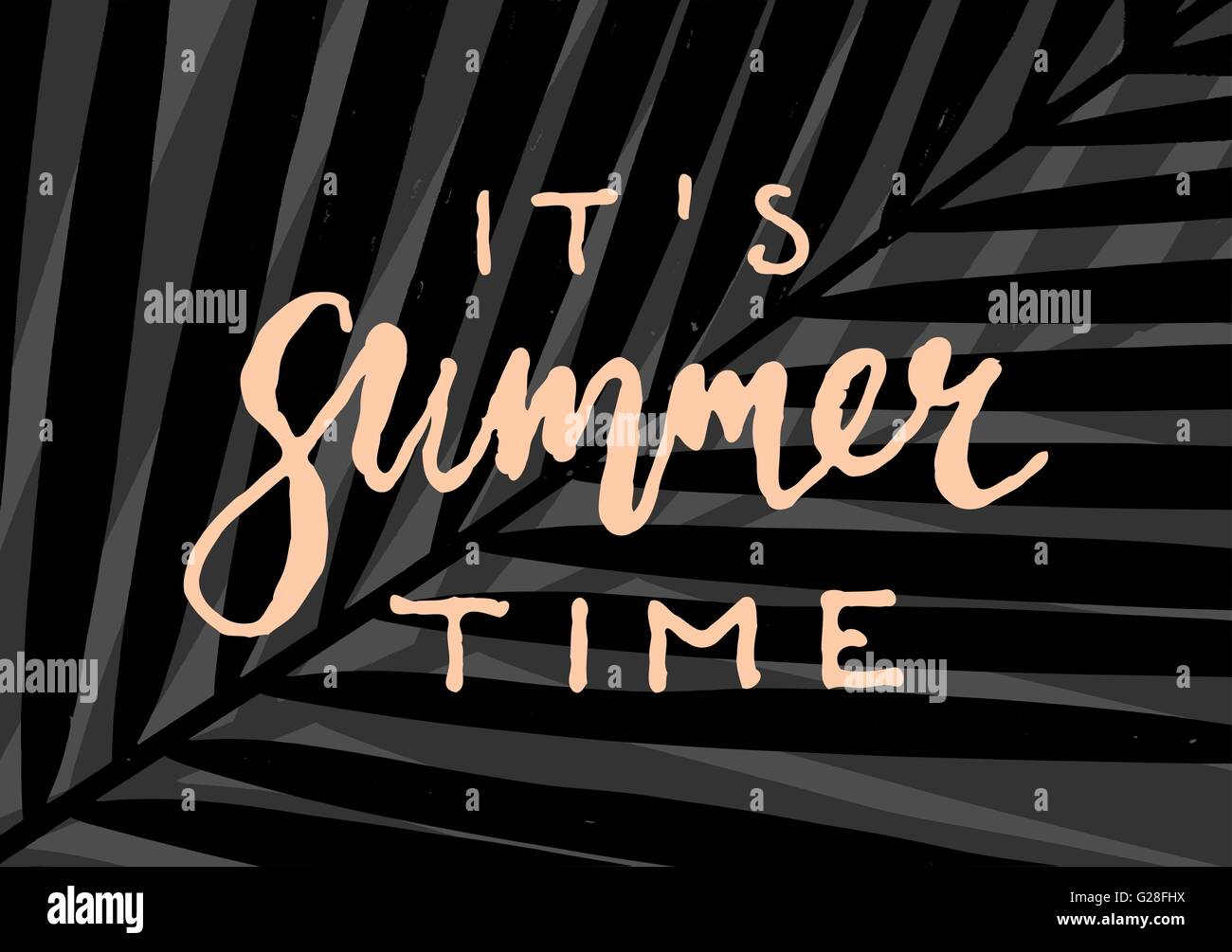 Moderne und stilvolle typografische Gestaltung Plakat. Hand beschriftet Pastell rosa Text "Es ist Sommer" auf einem Hintergrund von Palm Blättern. Stock Vektor