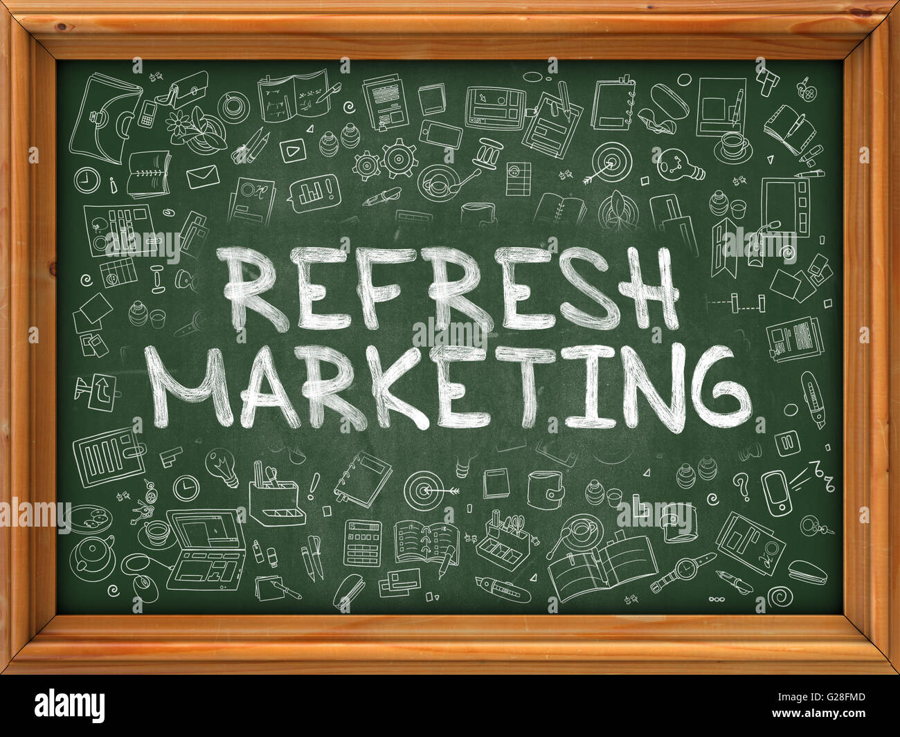 Aktualisieren Sie Marketing - Hand auf grüne Tafel gezeichnet. Stockfoto