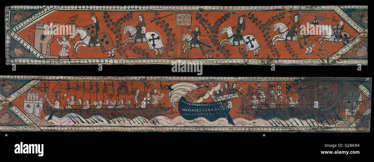 Decke panel mit Rittern, Galeeren und ein Boot mit einem hohen Reling - MNAC - Barcelona Stockfoto