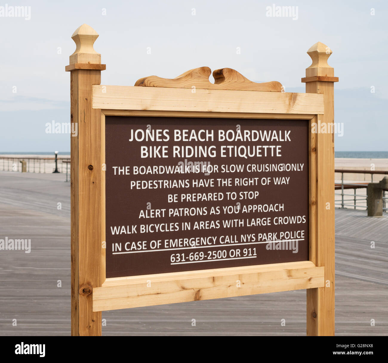 Jones Beach Ankündigung Radfahren Etikette, Long Island, New York, USA Stockfoto