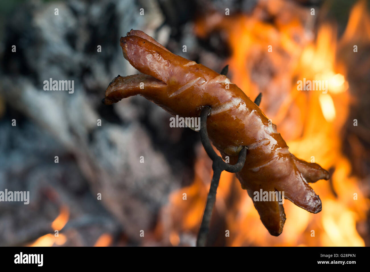 Wurst am Spieß über dem Feuer. Würstchen am Lagerfeuer vorbereiten ...