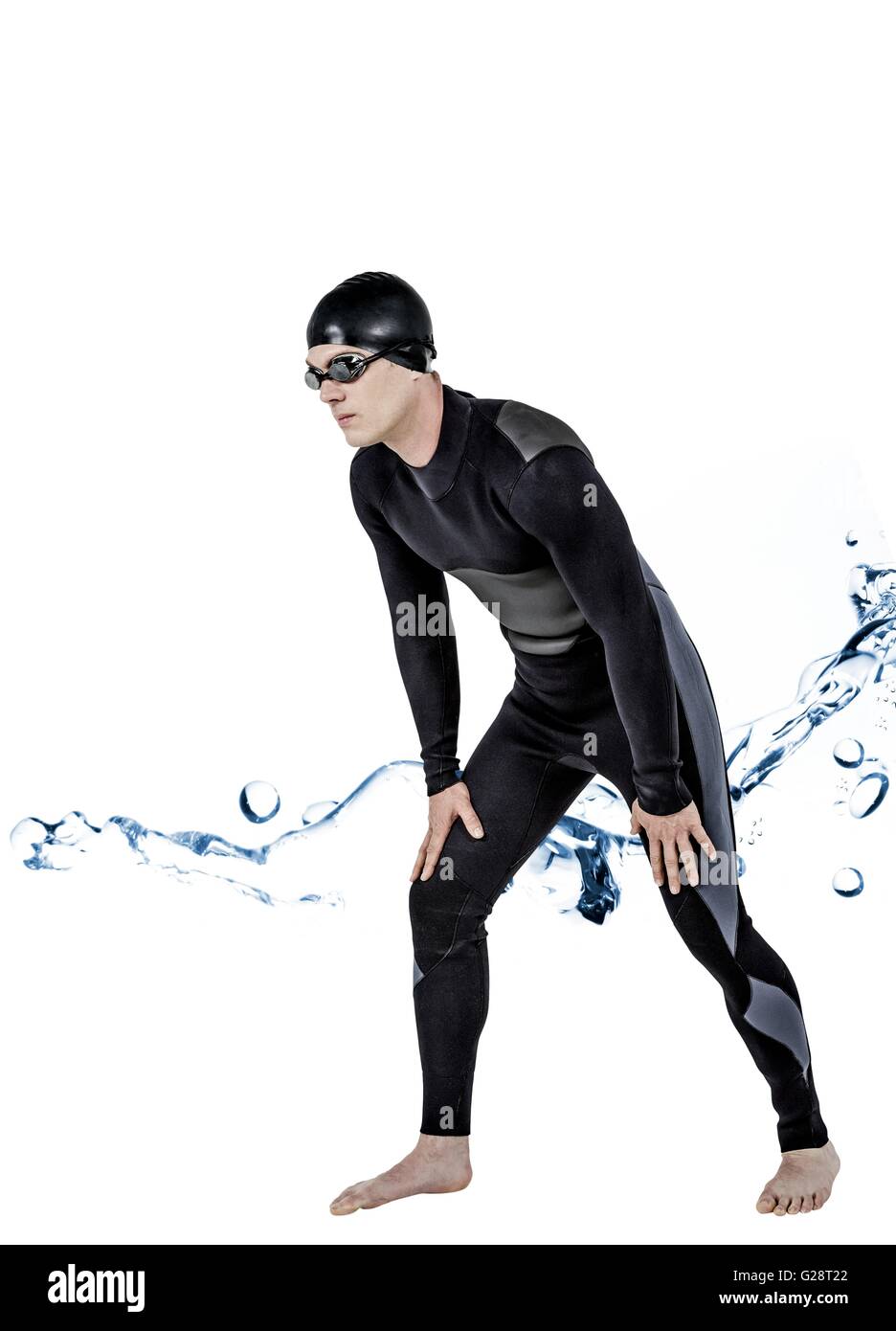 Zusammengesetztes Bild des Schwimmers in Neoprenanzug und Schwimmen Schutzbrille Stockfoto