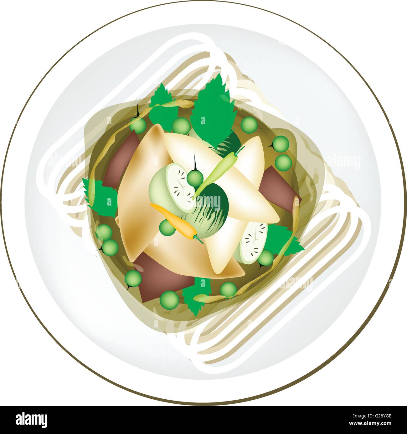 Thai-Küche, würzige grünem Thai-Curry mit Fischbällchen und ... Thai-Küche, würzige grünem Thai-Curry mit Fischbällchen und ...