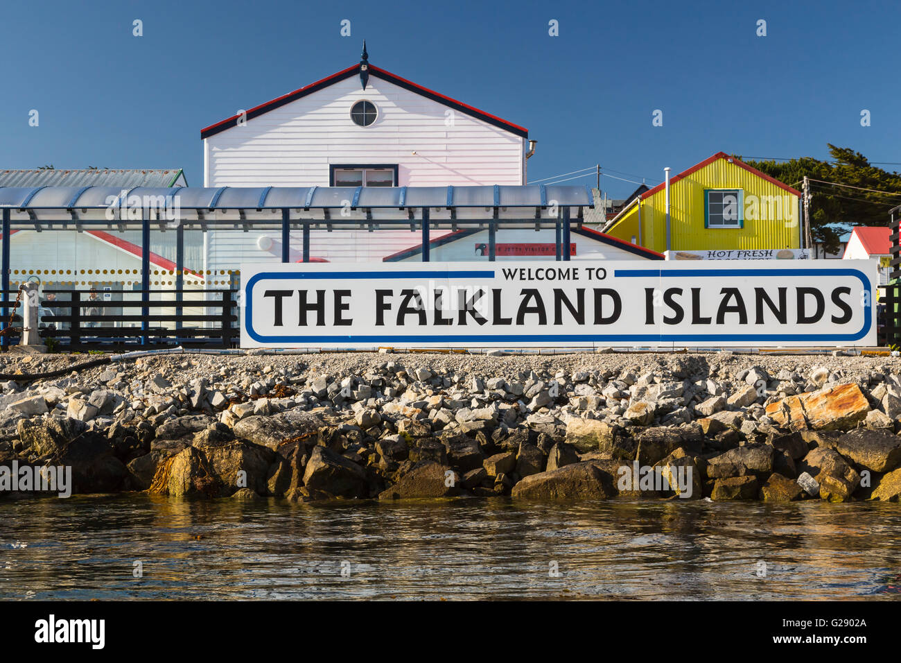 Ein Willkommen Zeichen an den Port Stanley, East Falkland-Inseln, britische Überseegebiet. Stockfoto
