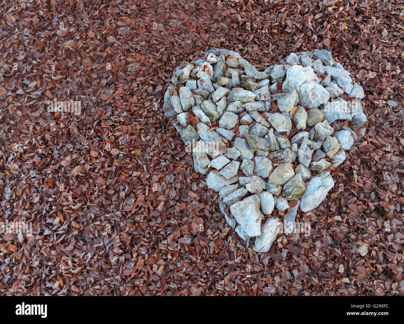 Geformte Herz mit Steinen auf der rechten Seite in den Blättern. Stockfoto