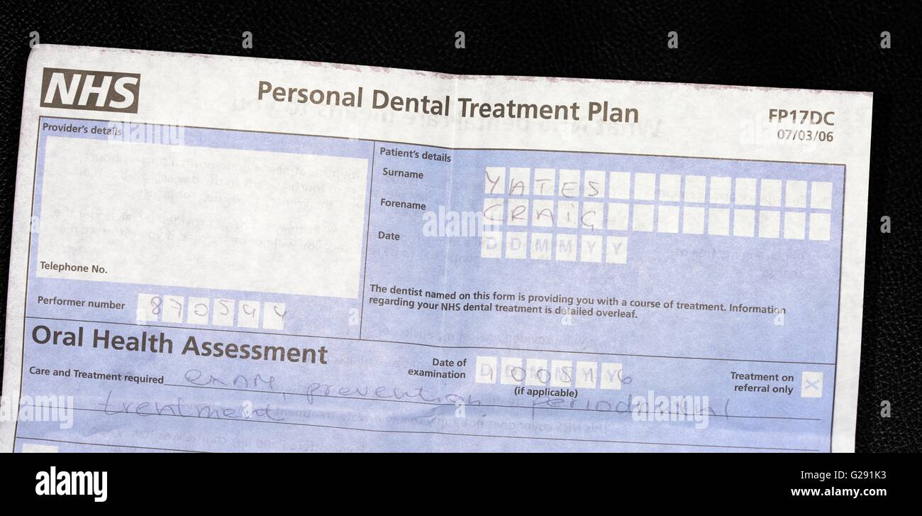 NHS-persönliche Zahnbehandlung-plan Stockfoto