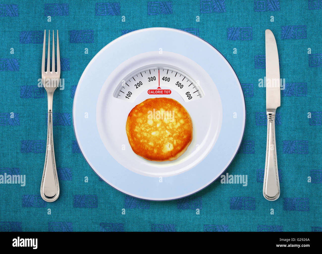 Blick auf Kalorien Tot in Pfannkuchen, die auf weißen Teller Stockfoto