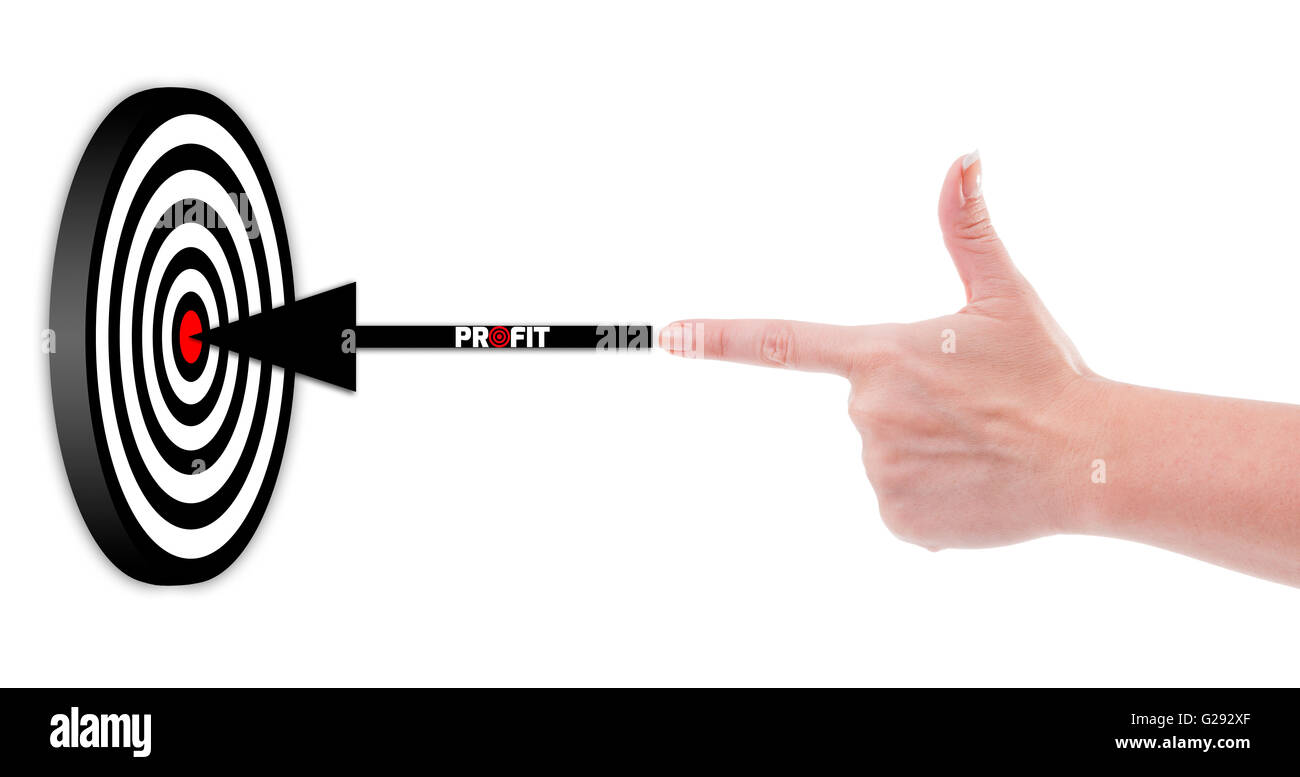 Weibliche Hand schießen Gewinn auf ein 3d target Konzept isoliert auf weißem Hintergrund Stockfoto