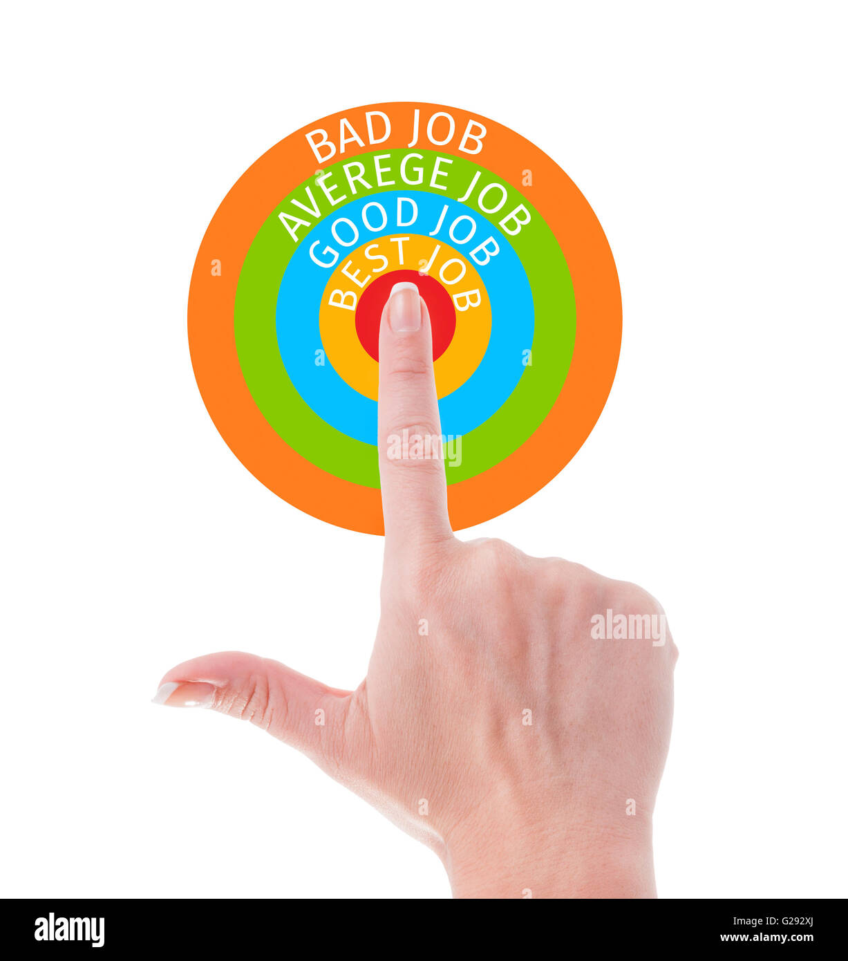 Perfekten Job Suche Konzept mit einer Hand deutete Mitte des farbigen Ziel isoliert auf weißem Hintergrund Stockfoto