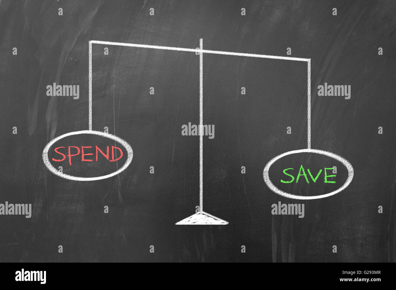 Bezahlen und sparen auf Skala Konzept auf Tafel Stockfoto
