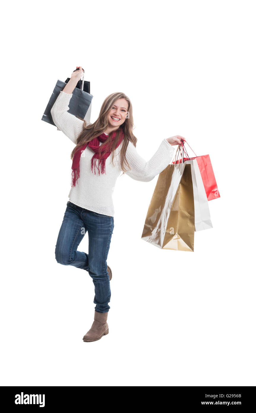 Fröhlichen shopping-Mädchen handeln, aufgeregt und begeistert Stockfoto