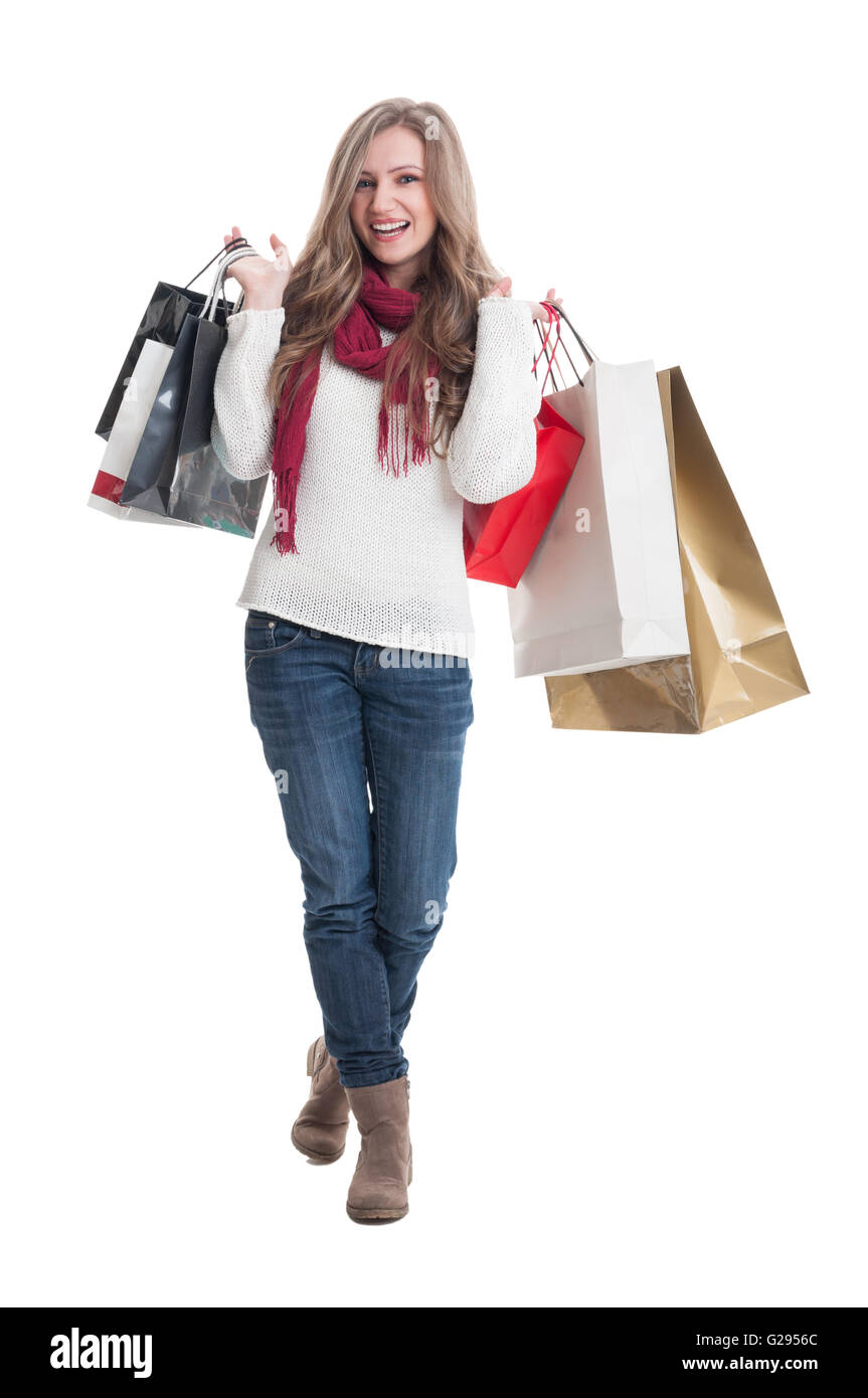 Ganzkörper happy shopping weibliche auf weißem Hintergrund Stockfoto