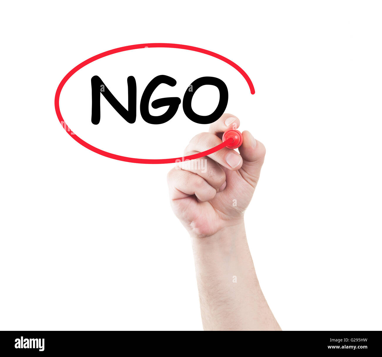 Hand Kreis Ngo Text auf transparente wischen Brett mit weißem Hintergrund und Kopie. Nichtregierungsorganisation Konzept Stockfoto