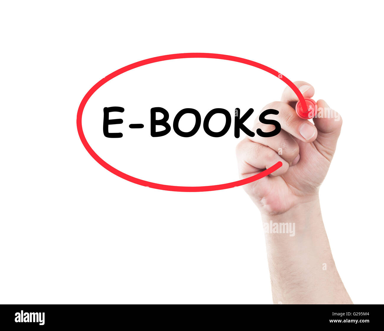 E Bücher Konzept auf transparente Tuch mit einer Hand hält eine Markierung Stockfoto