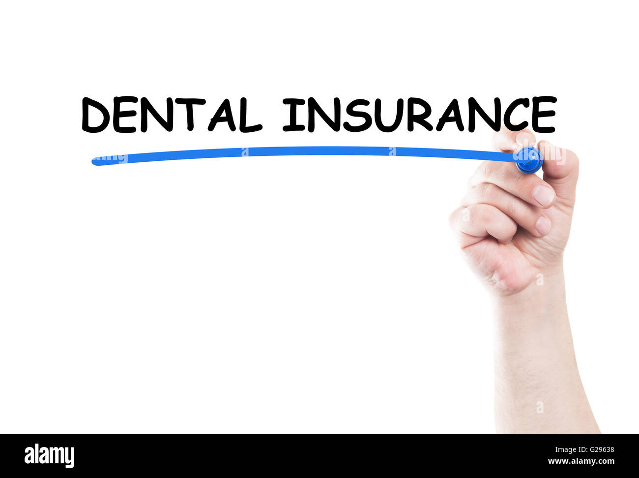 Dental Versicherungskonzept Text schreiben auf transparente wischen Brett von Hand mit einem marker Stockfoto