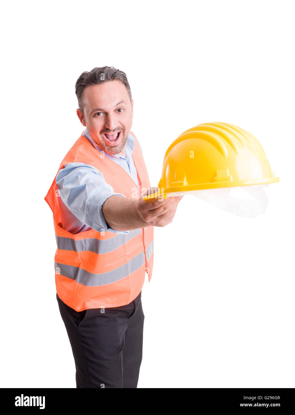 Vorarbeiter oder Ingenieur werfen Hut auf weißen Studio-Hintergrund Stockfoto