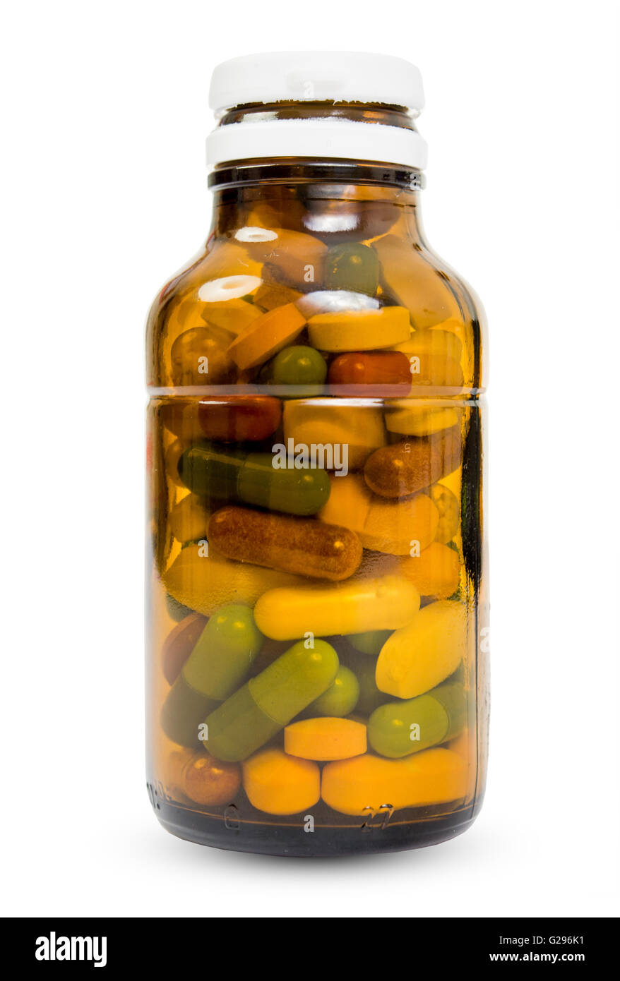 Volle Flasche von verschiedenen bunten Pillen isoliert auf weißem Studio-Hintergrund Stockfoto
