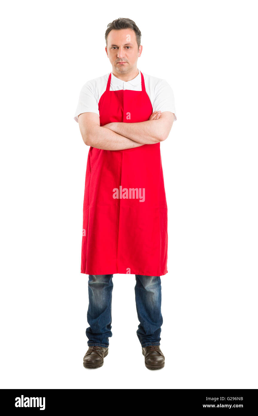 Zuversichtlich, Metzger oder Supermarkt Arbeiter trägt rote Schürze Stockfoto