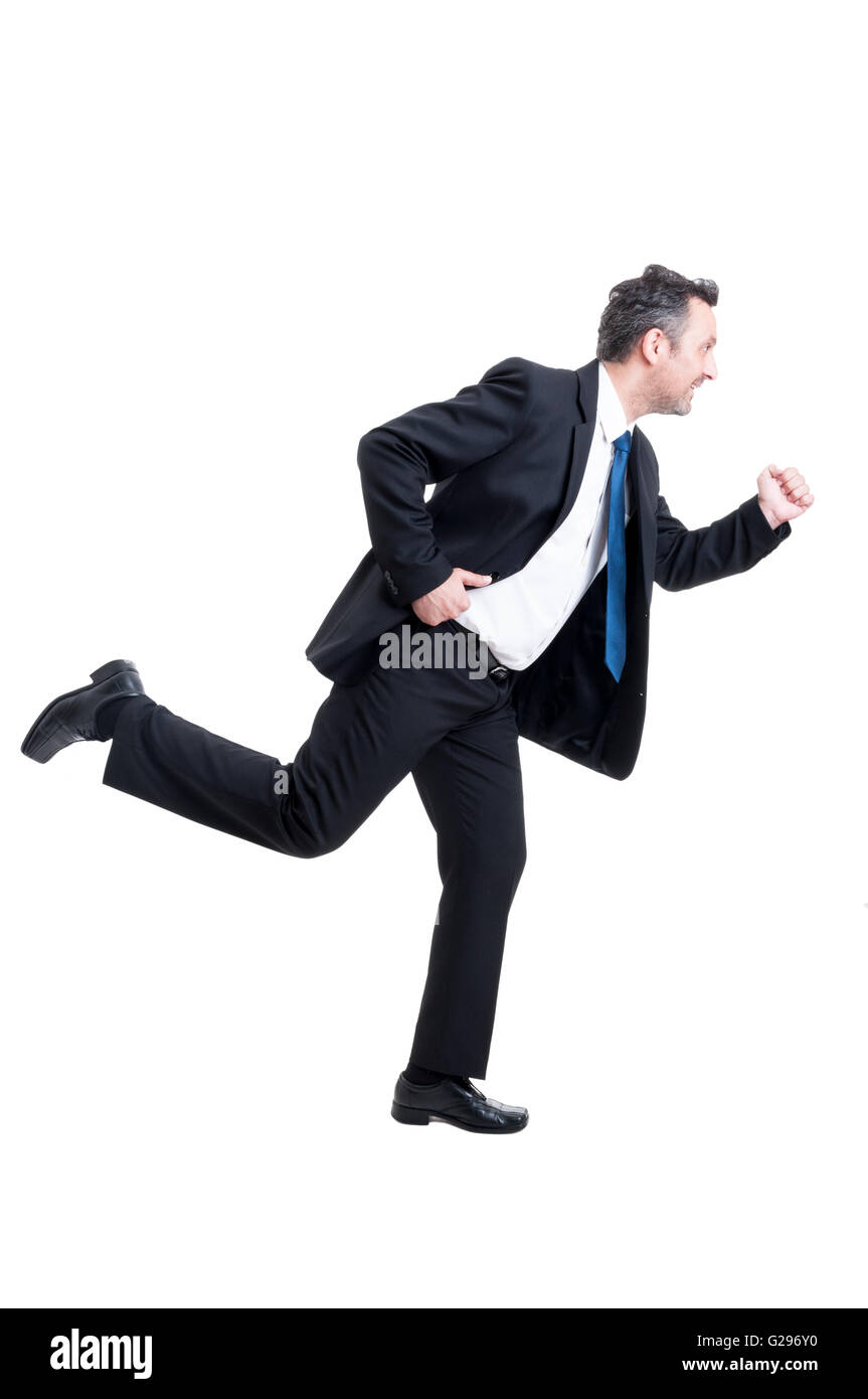 Geschäftige Mann läuft isolierten auf weißen Hintergrund Stockfoto
