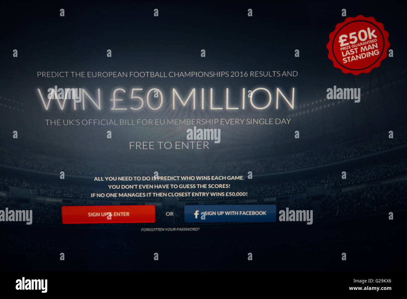 Screenshot des 50million.uk. Abstimmung-Urlaub startet 50million.uk, ein Wettbewerb um £ 50 Millionen zu gewinnen. Stockfoto