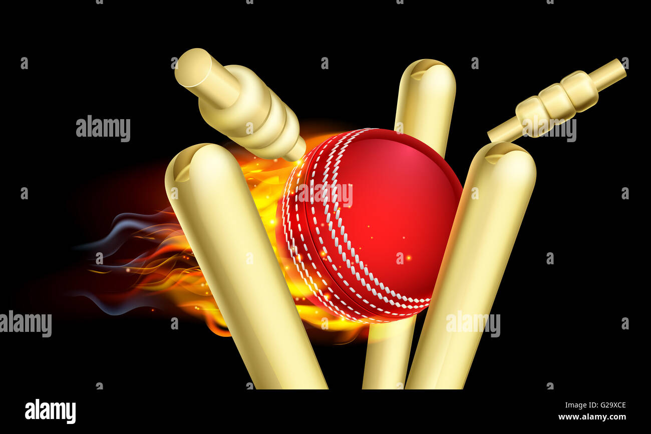 Ein flammender Cricketball am Feuer schlagen Wicket Stümpfe Stockfoto
