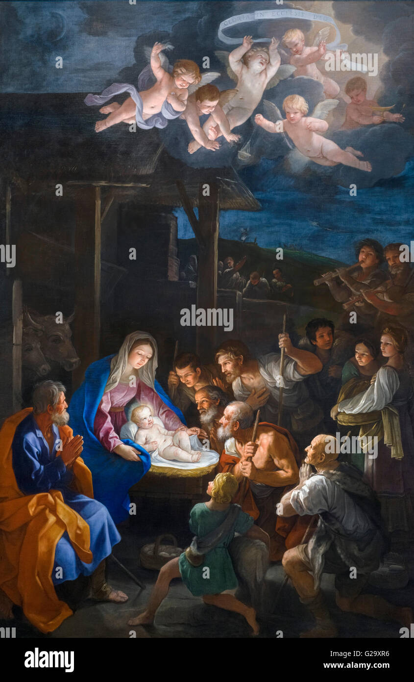 Die Anbetung der Hirten von Guido Reni (1575-1642), Öl auf Leinwand, 1640 Stockfoto