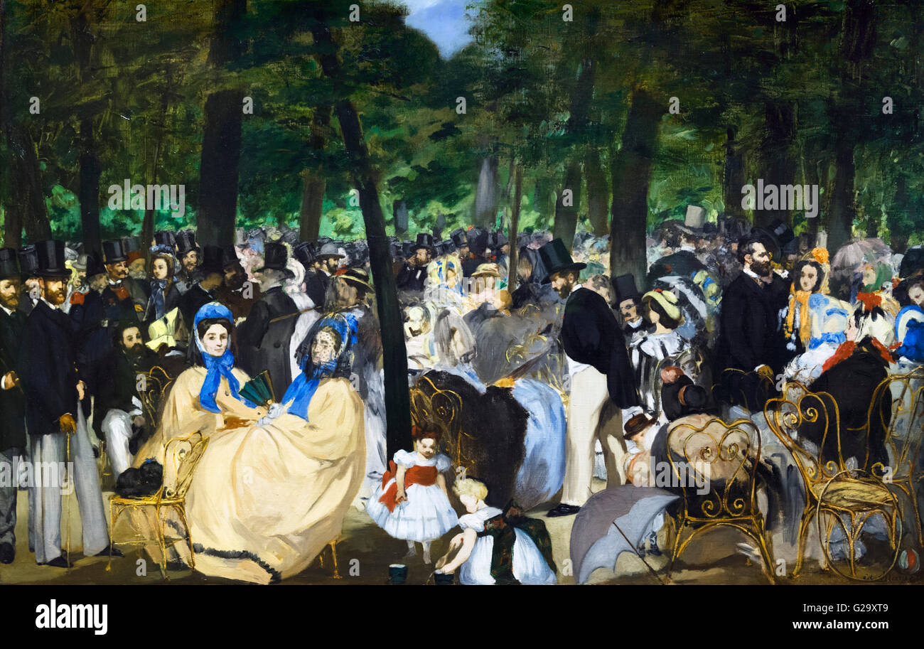 "Musik in den Tuilerien-Gärten" von Edouard Manet, Öl auf Leinwand, 1862. Dieses Gemälde von den Gärten der Tuilerien in Paris war Manets erstes größeres Werk, die moderne Stadtleben darstellen. Stockfoto