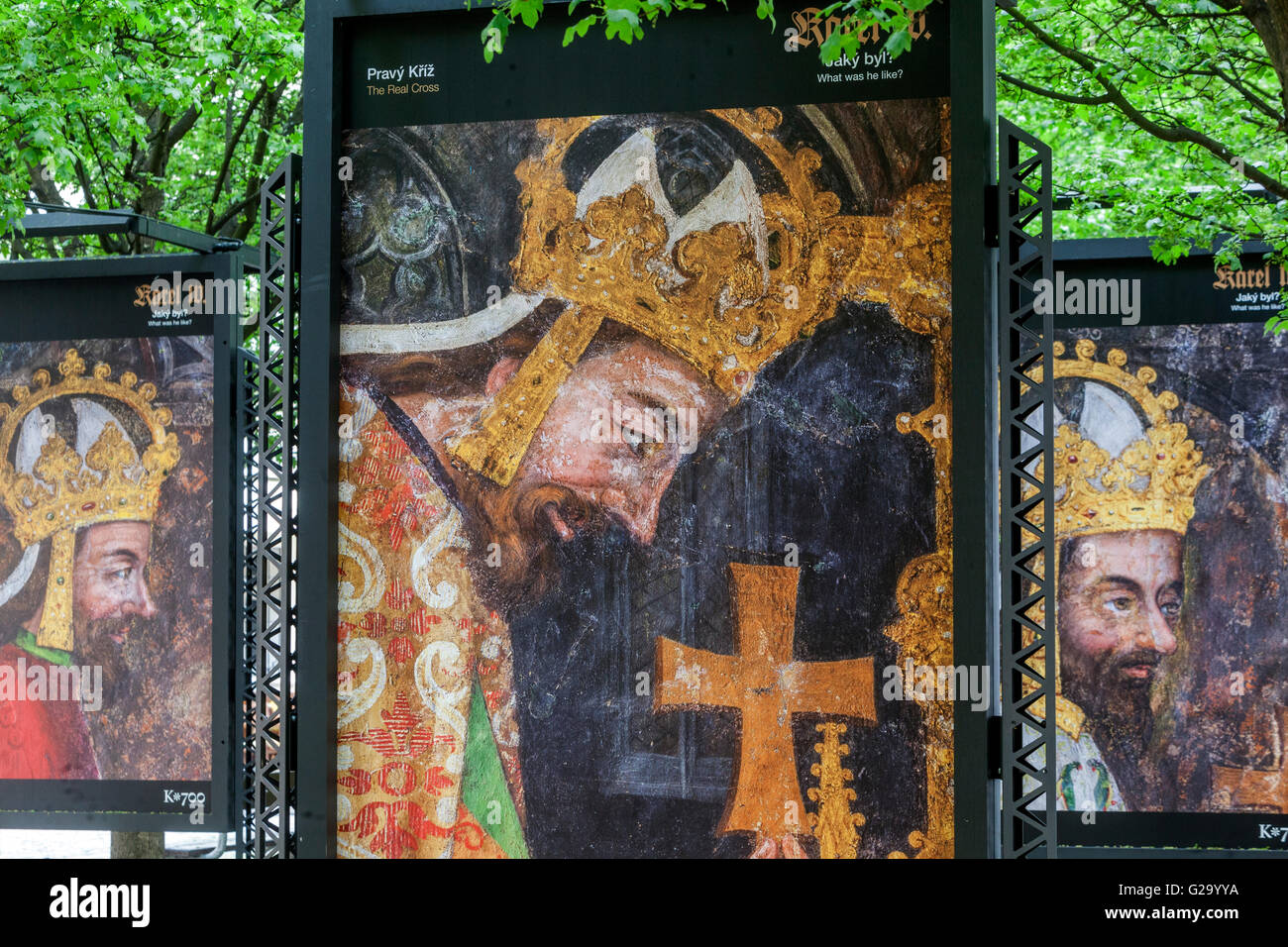 Ausstellung von Charles IV, den böhmischen König und römischen Kaiser im öffentlichen Raum, Insel Kampa, Prag, Tschechische Republik Stockfoto