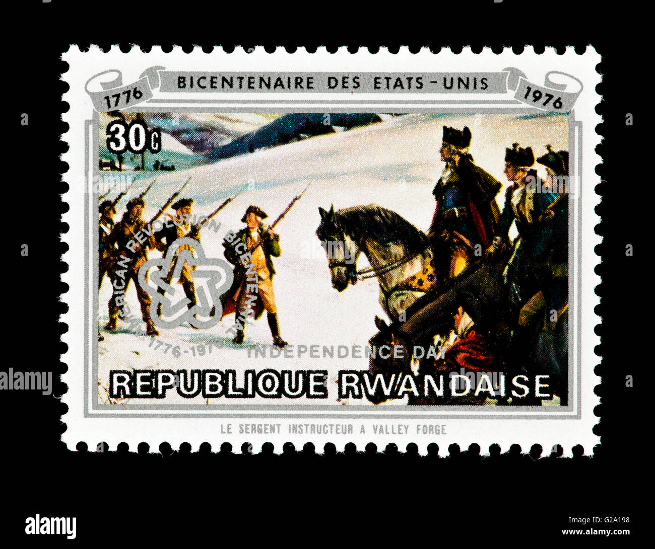 Briefmarke aus Ruanda Darstellung Soldaten ausgebildet in Valley Forge, Zweihundertjahrfeier der Vereinigten Staaten. Stockfoto