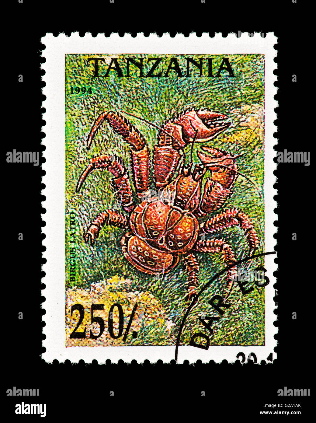 Briefmarke aus Tansania, die Darstellung einer Kokosnuss Krabbe (Birgus Latro) Stockfoto