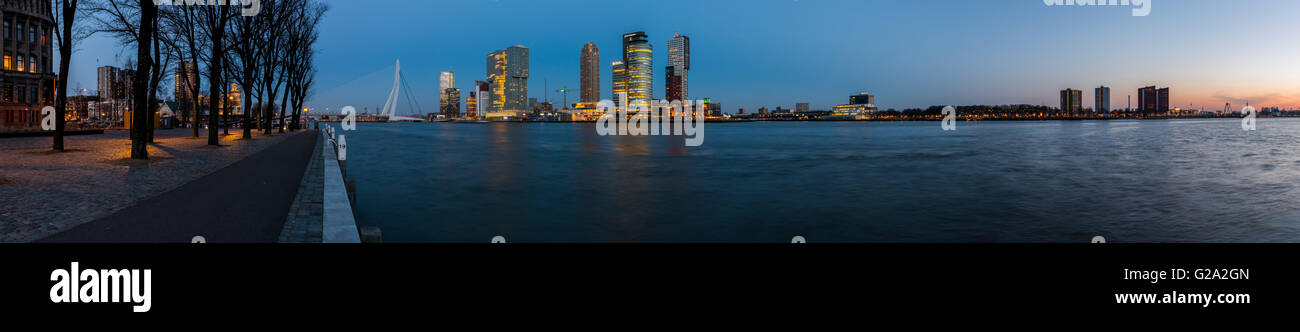 Wilhelminapier in Rotterdam gesehen von der Westerkade mit Nieuwe Maas und Erasmusbrücke. Stockfoto