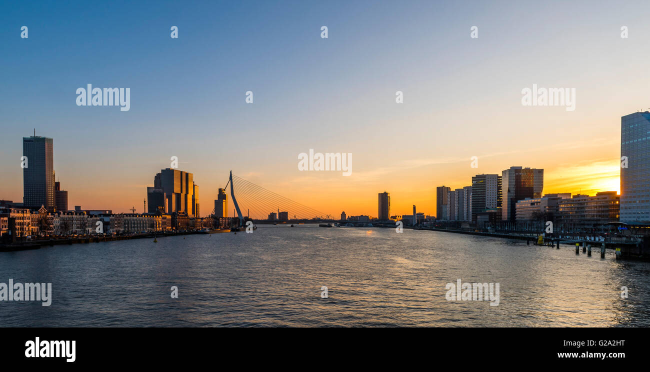 Rotterdam-Abend leichte Nieuwe Maas und Erasmusbrücke. Stockfoto
