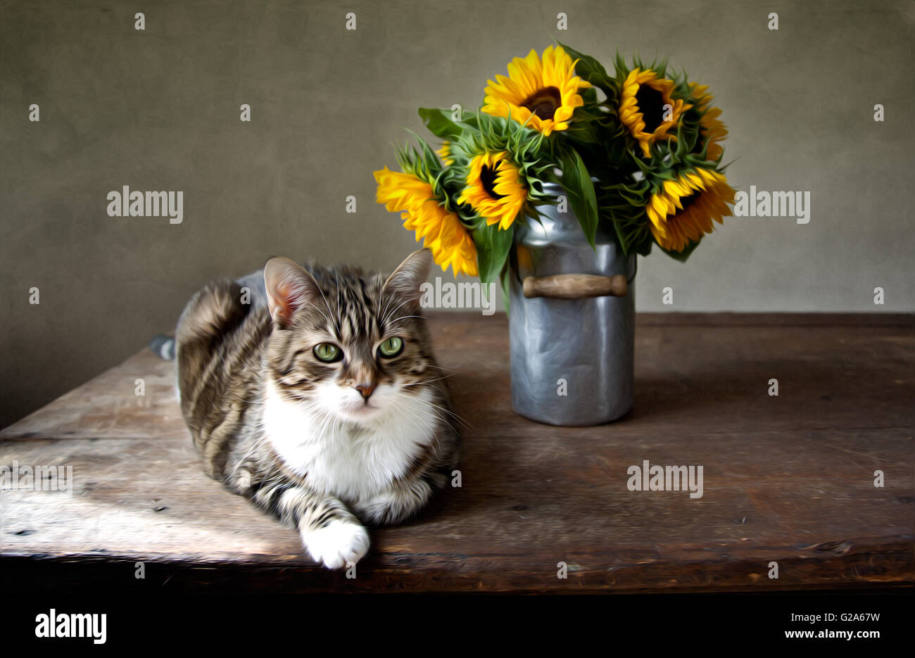 Stillleben Abbildung im Ölgemälde-Stil der Katze und Sonnenblumen Stockfoto