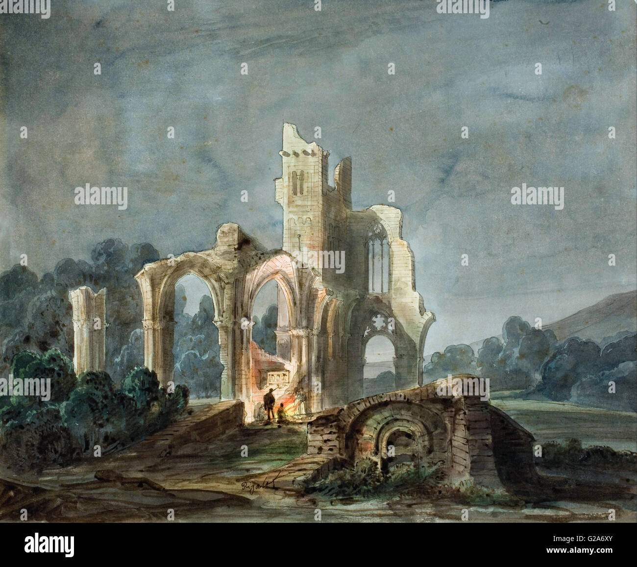 Lluís Rigalt - Nacht-Landschaft mit gotischen Ruinen - MNAC - Barcelona Stockfoto