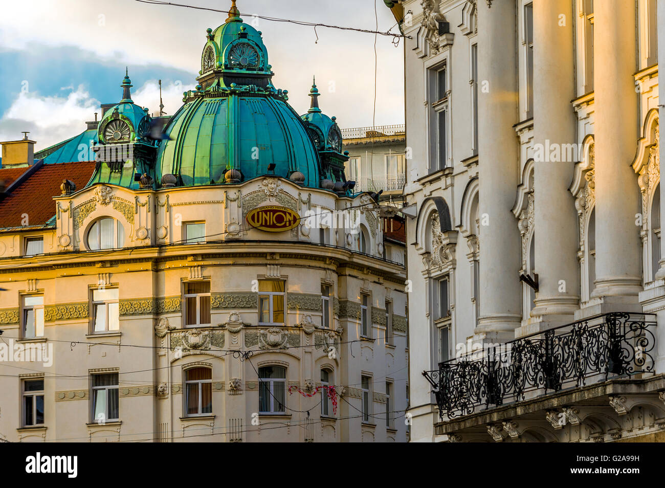 Slowenien Ljubljana Einblick in Presernov Trg - Grand Hotel Union Executive (Art Nouveau) Stockfoto