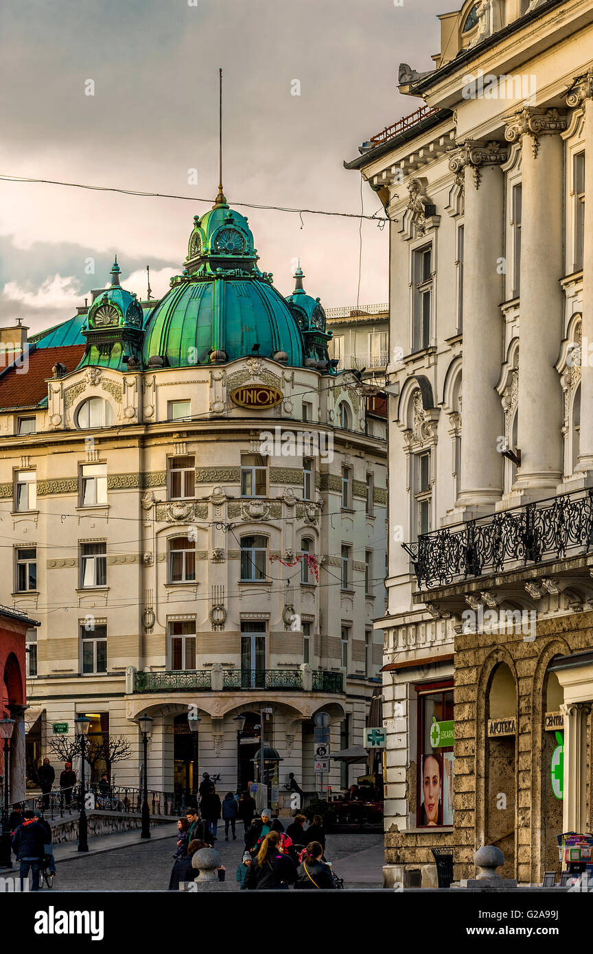 | Slowenien Ljubljana Einblick in Presernov Trg - Grand Hotel Union Executive (Art Nouveau) Stockfoto