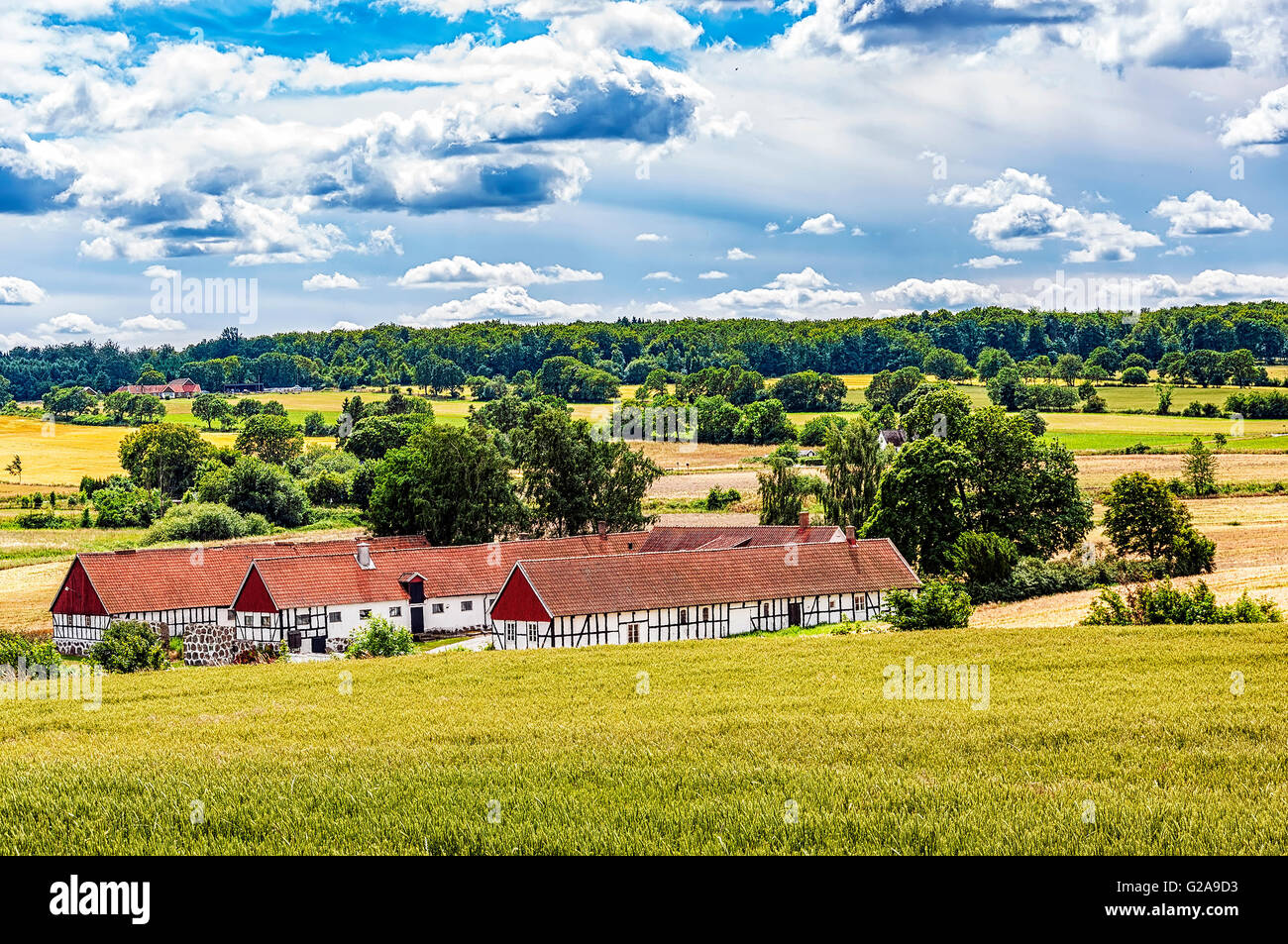 Bild von einem traditionellen schwedischen Famrhouse. Ravlunda, Osterlen. Stockfoto