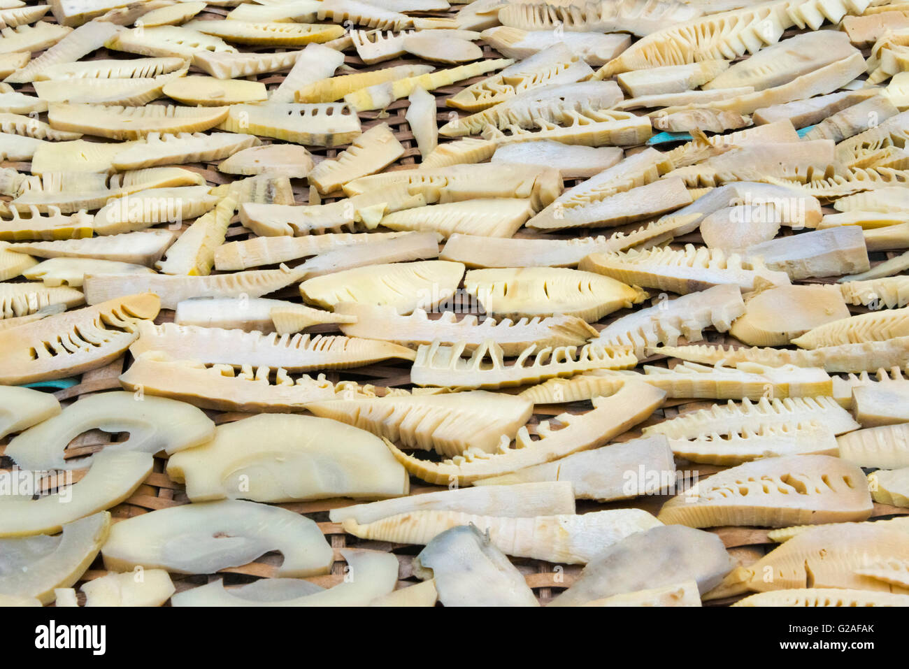 Trocknung von Bambussprossen, Zhejiang Province, China Stockfoto