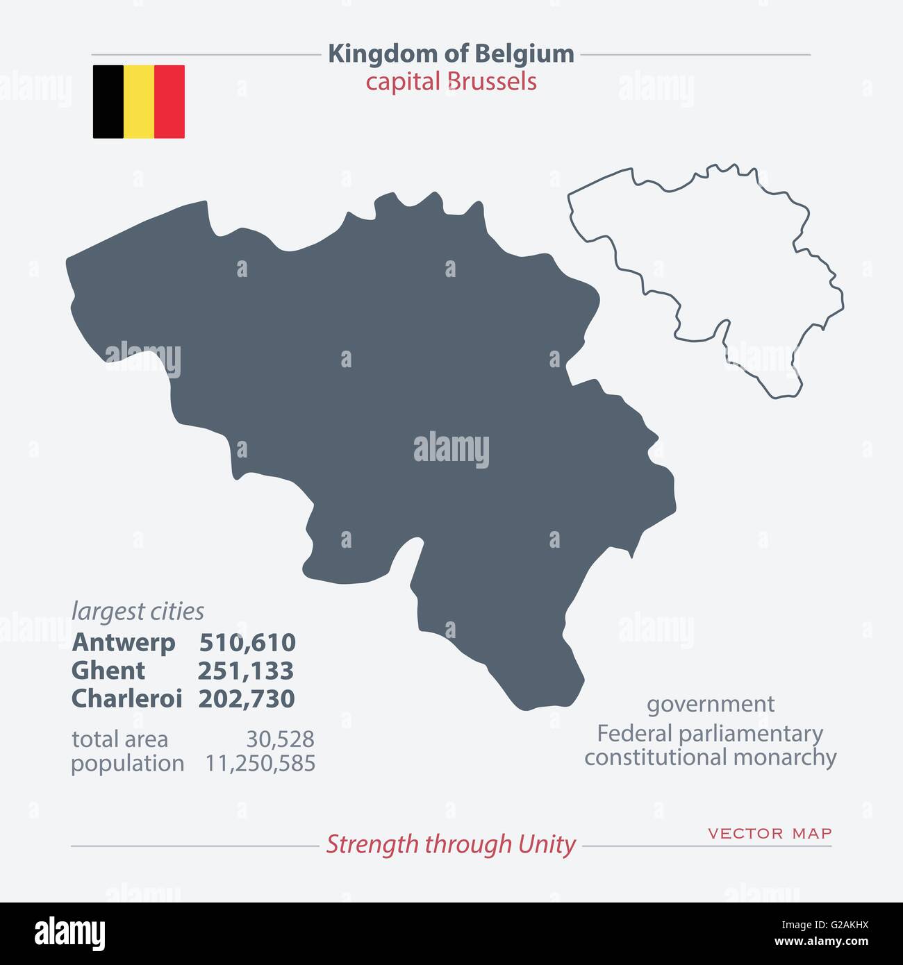 Königreich Belgien isoliert Karten und offizielle Flaggen-Symbol. Vektor-belgische politische Kartensymbole mit allgemeinen Informationen. Europa-Uni Stock Vektor